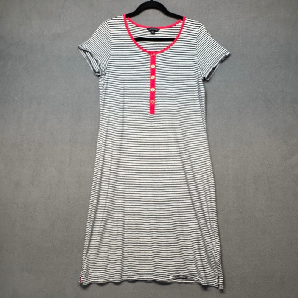 Lands End Henley T-Shirt Dress Striped Knit Casual Medium 10-12 Navy Pink 441041